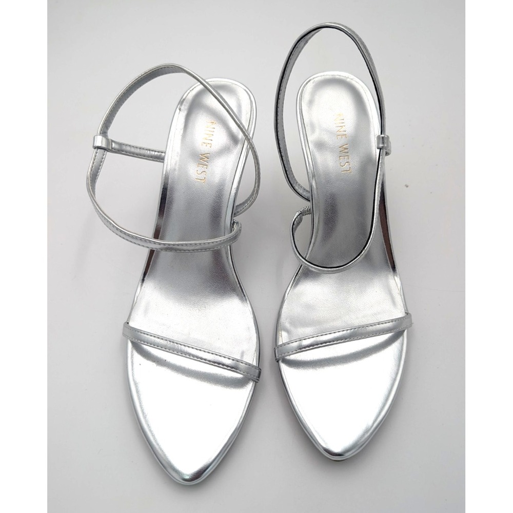Nine West Womens Cakely Silver Strap Heel Sandal Sz 8 M